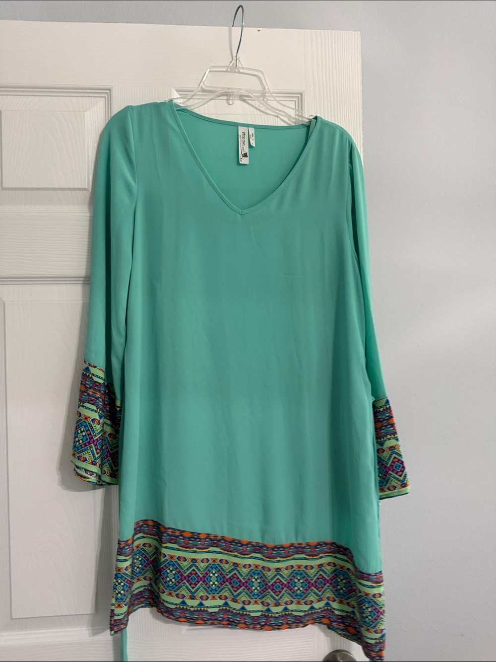 Pink Owl Aqua Turquoise V-Neck Mini Dress with Tribal Hem